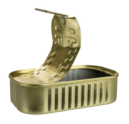 Empty golden metal sardine can isolated on transparent background