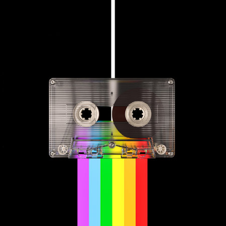 Cassette tape releasing rainbow black background 3dの写真素材