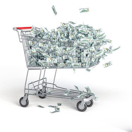 Shopping cart overflowing money dollar 3dの写真素材