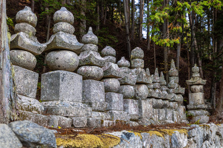Ancient stone gorinto monuments koyasan okunoin cemetery, japanの写真素材