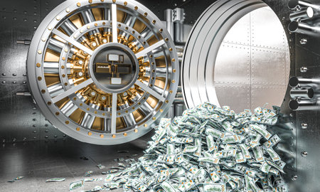 Bank vault door opening with money 3d successの写真素材