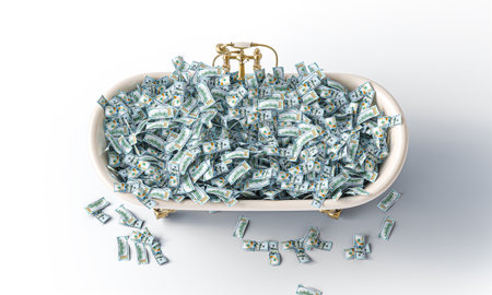 Bathtub overflowing 3d us dollar banknotesの写真素材
