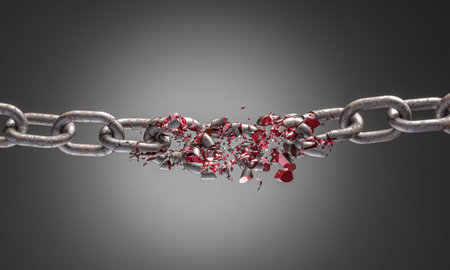 Metal chain breaking red fragments 3dの写真素材