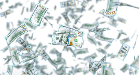 Hundred dollar bills falling 3d white background
