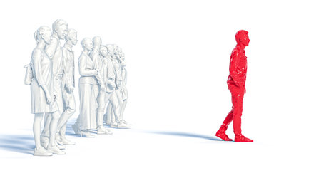 Red figure walking away from crowd 3dの写真素材