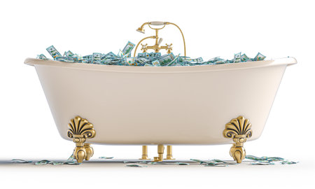 Bathtub overflowing 3d hundreds us dollar billsの写真素材