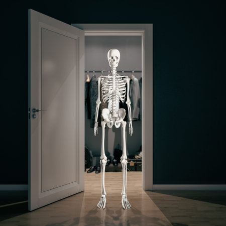 Skeleton 3d revealing a secret closet with clothesの写真素材