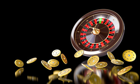 Roulette wheel spinning golden casino chips 3d