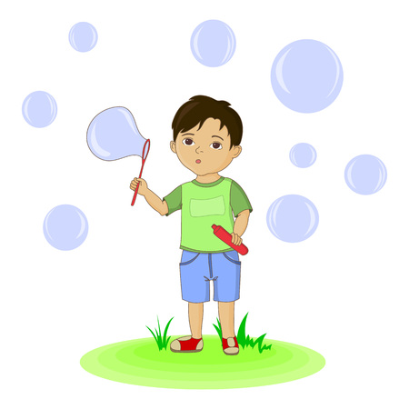 Cute boy blowing bubbles. hand drawn illustrationのイラスト素材