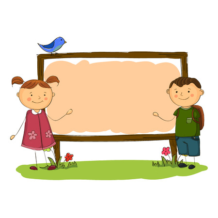 school boy and girl vertical banner simple cartoon style.のイラスト素材