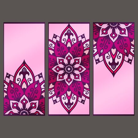 multicolored set of vertical banner templates with hand drawn tribal ornament, mandala. Vector illustration.のイラスト素材