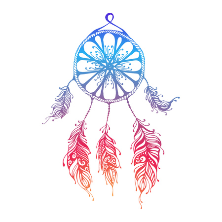 Hand drawn dreamcatcher. Abstract background with feathers. Ethnic design for card, invitation, party, presentation, greeting, boho. Vector illustrationのイラスト素材