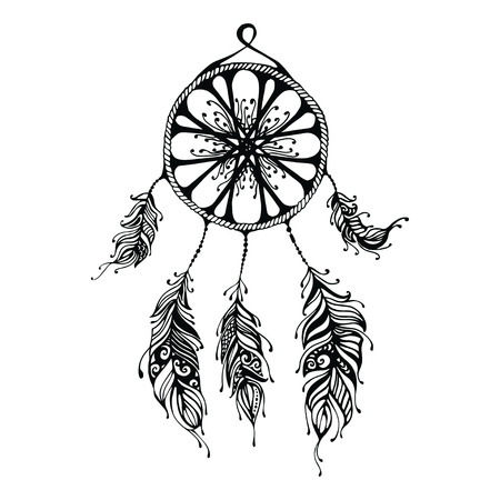 Hand drawn dreamcatcher. Abstract background with feathers. Ethnic design for card, invitation, party, presentation, greeting, boho. Vector illustrationのイラスト素材