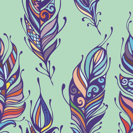 Beautiful hand drawn feathers boho and hippie style seamless pattern background.のイラスト素材