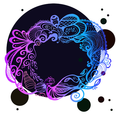 Filigree vector frame in Eastern style. Ornate element for design and place for text. Ornamental lace pattern for wedding invitations and greeting cards. Traditional floral decor.のイラスト素材