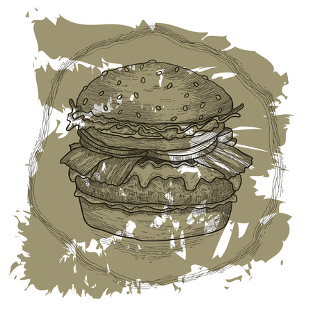 Hand drawn illustration of hamburger. ink doodles. sketch of tasty burger.のイラスト素材
