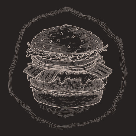 Hand drawn illustration of hamburger. ink doodles. sketch of tasty burger.のイラスト素材
