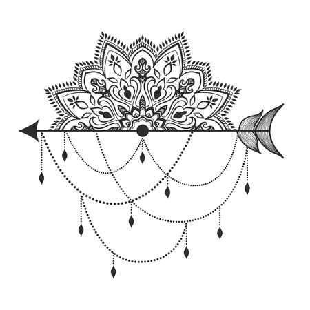 Arrow in ethical pattern with mandala in linear style.のイラスト素材