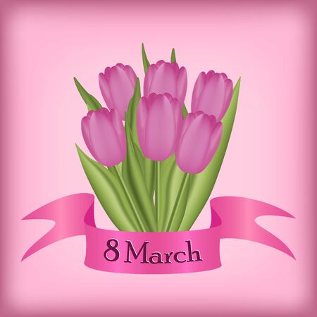 March 8 greeting card with happy women's day quote, floral tulip design. romantic femine style in pastel pink colors.のイラスト素材