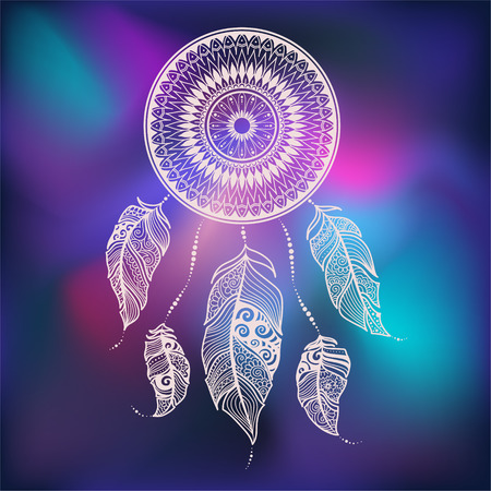 Vector illustration Dreamcatcher with ethnic feathers. Painted by hand in the doodle.white dreamcatcher isolated on galaxy background. white zentangle art. Boho style. Sophisticated graphic drawingのイラスト素材