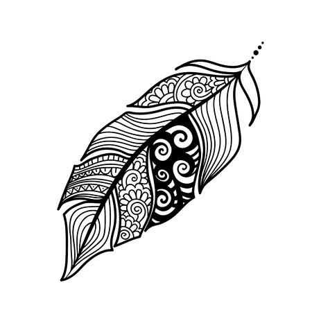 Ethnic feathers. Tribal Feathers Vintage Pattern. Hand Drawn Doodle and zentangle illustration. stylized linear style.のイラスト素材