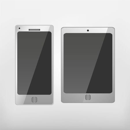 white tablet and smartphone vector mockup, phone and tablet realistic 3d template, vector illustration.のイラスト素材