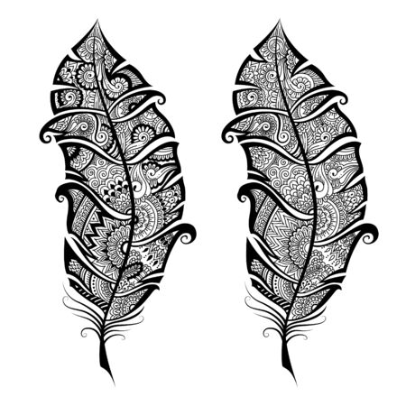 Vintage tribal feather sketch.のイラスト素材