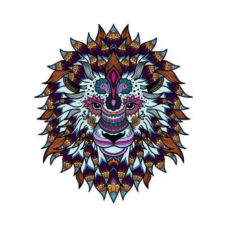 stylized multicolored lion graphic style with patterned mane and herbal ethnic ornaments. beautiful design hand drawn illustrationのイラスト素材