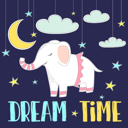 Cute baby elephant in skirt on night starry background with moon and clouds hand drawn.のイラスト素材