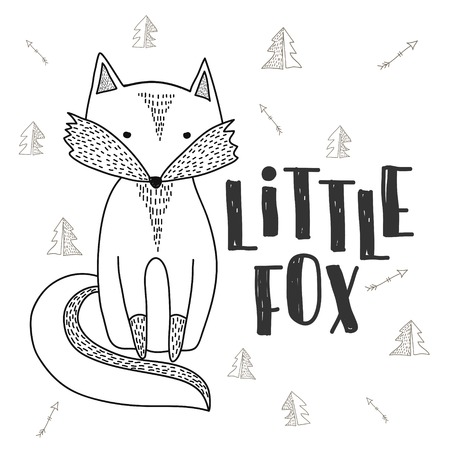 fox poster. hand drawn cute little fox. for childrens card or kids print on fabric.のイラスト素材