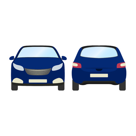 Front and back vies blue hatchback flat style car vector template on white background.のイラスト素材