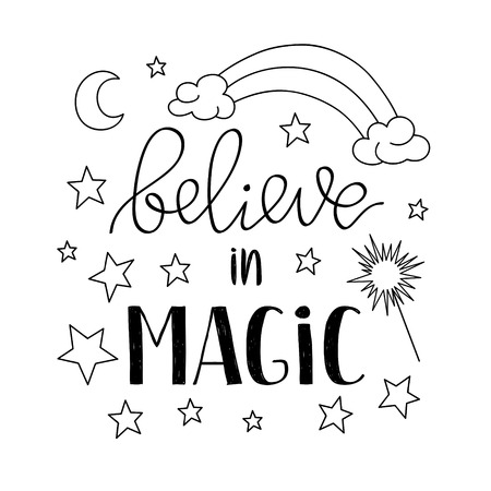 Believe in Magic quote poster, greeting card with stars moon and rainbow vector illustration in outline for kids prints textile and others.のイラスト素材