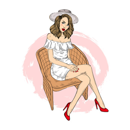 Beautiful stylish girl with a summer head sitting on a wooden chair. Fashion woman with red lips, nails and shoes. summer hand drawn stylized vector illustration for fashion looks, poster, cards, adのイラスト素材