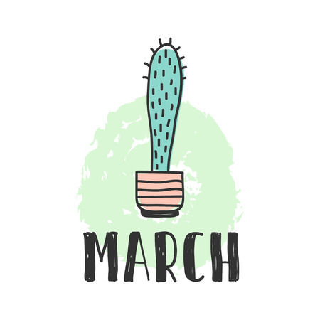 Calendar 2018 year march month. Stock vector. Fun and cute calendar with hand drawn succulents and cactus plants. cute colors.のイラスト素材