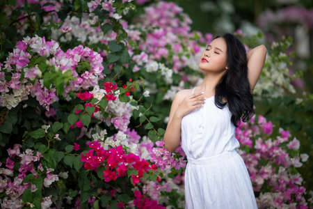 Ho Chi Minh City, Vietnam: Vietnamese student girl by confetti bush is blooming brilliantlyの写真素材