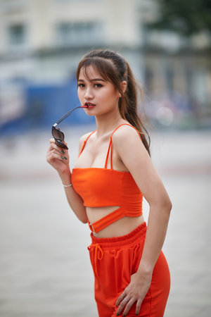 Ho Chi Minh city, Viet Nam: Beautiful Vietnamese girl with a sporty style full of personalityの写真素材