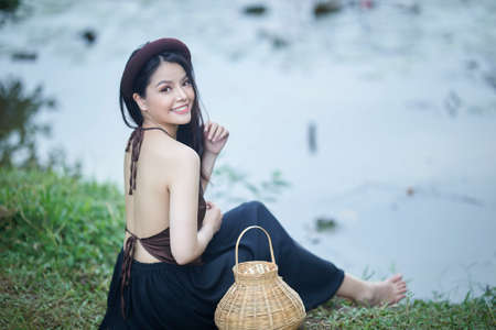 Ho Chi Minh City, Vietnam: beautiful girl in Vietnam traditional dress (costume Vietnamese name called Yem)の写真素材