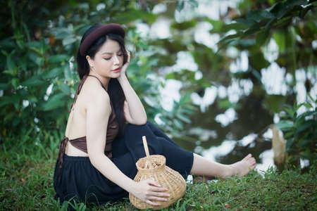 Ho Chi Minh City, Vietnam: beautiful girl in Vietnam traditional dress (costume Vietnamese name called Yem)の写真素材