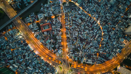 Aerial photo of the night traffic system of District 1, Ho Chi Minh City, Vietnam