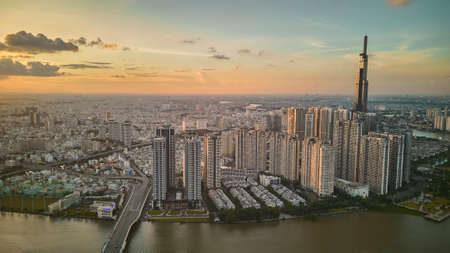 Ho Chi Minh City, Vietnam - June 5, 2022: view of district 1, Ho Chi Minh city, Vietnam at sunset