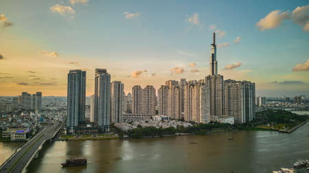 Ho Chi Minh City, Vietnam - June 5, 2022: view of district 1, Ho Chi Minh city, Vietnam at sunsetのeditorial素材