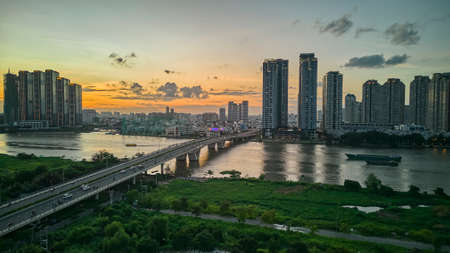 Ho Chi Minh City, Vietnam - June 5, 2022: view of district 1, Ho Chi Minh city, Vietnam at sunsetのeditorial素材