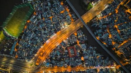 Aerial photo of the night traffic system of District 1, Ho Chi Minh City, Vietnamの写真素材