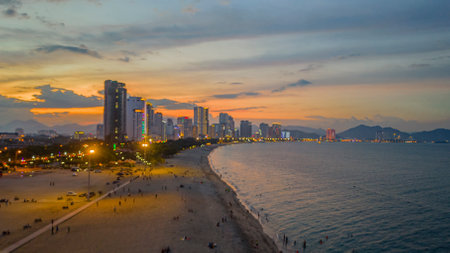 July 18, 2022: sunset on Nha Trang beach, Khanh Hoa province, Vietnamのeditorial素材