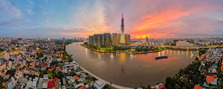 Aerial panorama view of Ho Chi Minh city at sunset, Vietnamのeditorial素材
