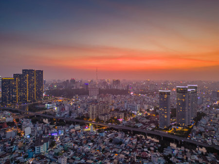 February 26, 2023: sunset in District 1, Ho Chi Minh City, Vietnamのeditorial素材