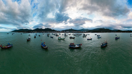 January 24, 2023: panoramic view of Vinh Luong fishing port, Nha Trang city, Khanh Hoa province,...