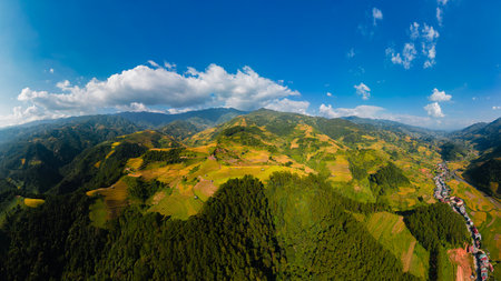 Majestic terraced fields in Mu Cang Chai district, Yen Bai province, Vietnam. Rice fields ready to be harvested in Northwest Vietnam.の写真素材