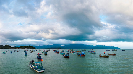 January 24, 2023: panoramic view of Vinh Luong fishing port, Nha Trang city, Khanh Hoa province, Vietnamの写真素材