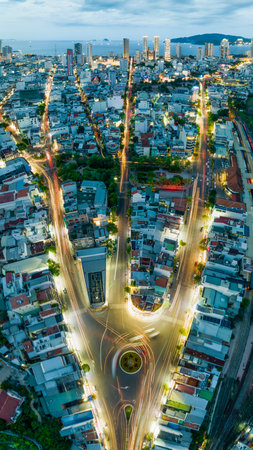 April 29, 2023: streets in the city center of Nha Trang, Vietnam in the eveningの写真素材